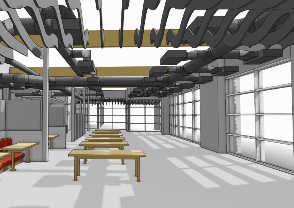 BIM visualization of the Office Cafe dining lounge with wood tables, red booth seating, exposed ceiling ducts, and tall sidelight windows.